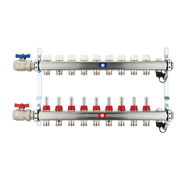 Fußbodenheizungsverteiler aus Edelstahl mit Topmeter für 9 Heizkreise