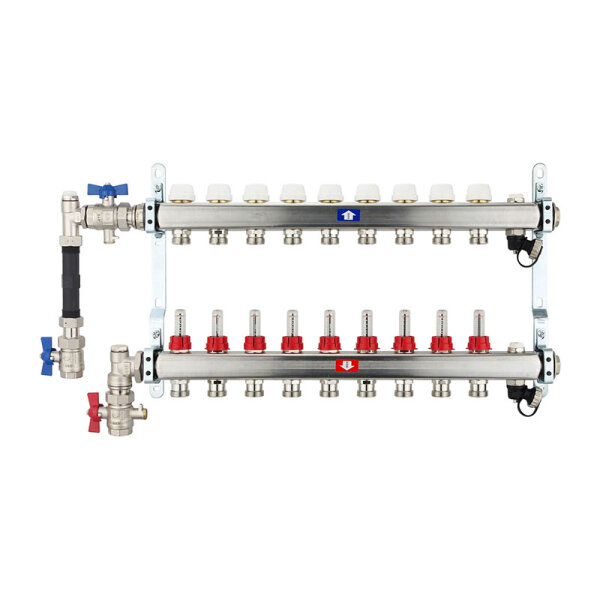 Fußbodenheizungsverteiler aus Edelstahl mit Topmeter für 9 Heizkreise