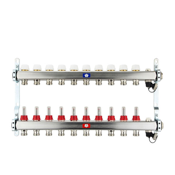 Fußbodenheizungsverteiler aus Edelstahl mit Topmeter für 10 Heizkreise