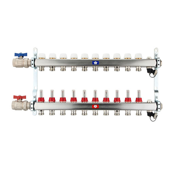 Fußbodenheizungsverteiler aus Edelstahl mit Topmeter für 10 Heizkreise