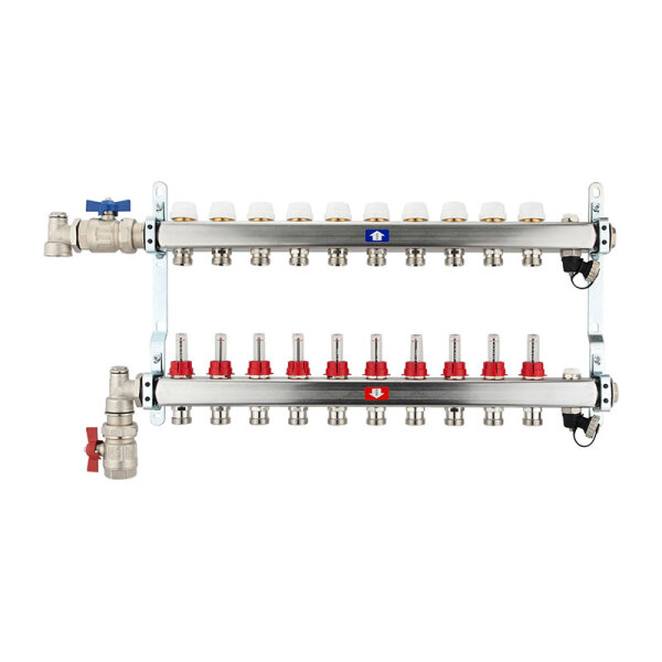 Fußbodenheizungsverteiler aus Edelstahl mit Topmeter für 10 Heizkreise