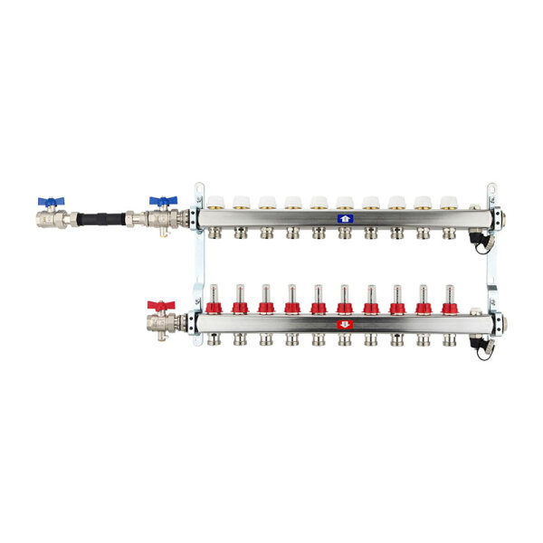 Fußbodenheizungsverteiler aus Edelstahl mit Topmeter für 10 Heizkreise