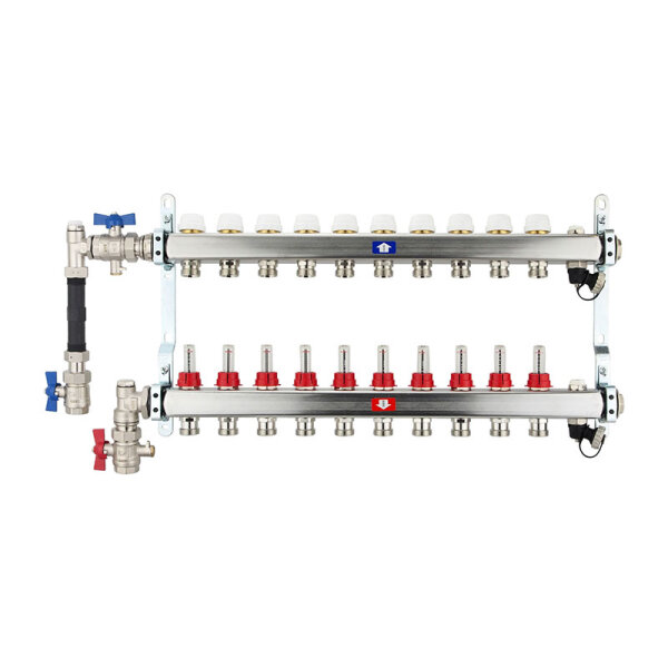 Fußbodenheizungsverteiler aus Edelstahl mit Topmeter für 10 Heizkreise