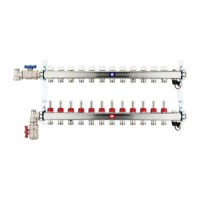 Fußbodenheizungsverteiler aus Edelstahl mit Topmeter für 12 Heizkreise