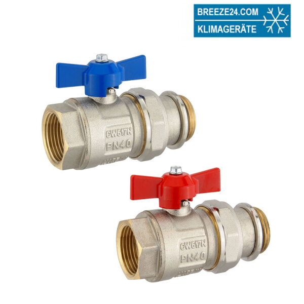 Kugelhahn-Set 1" IG x 1" AG selbstdichtend - mit blauem und rotem Flügelgriff