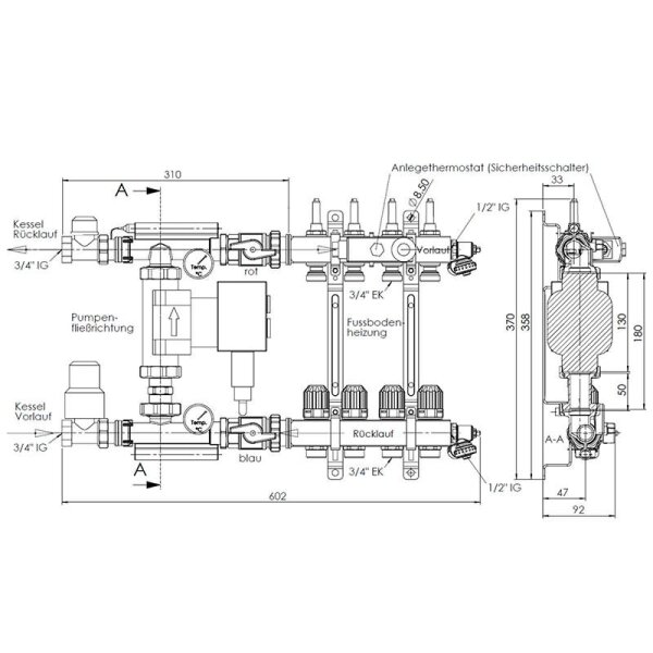 Kompakt-Regelstation / Festwertregelset für Fußbodenheizung - mit Pumpe Wilo Yonos Para RS25/6