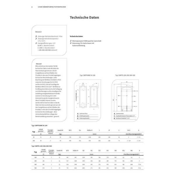 COSMO Stand-Wärmepumpen-Puffer CWPPS500 | 500 Liter EEK "C" für Wärme & Kälte | PU-gedämmt