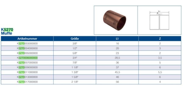 Conex IBP Löt Muffe S.5000 5270 Kupfer verschieden Größen, metrisch